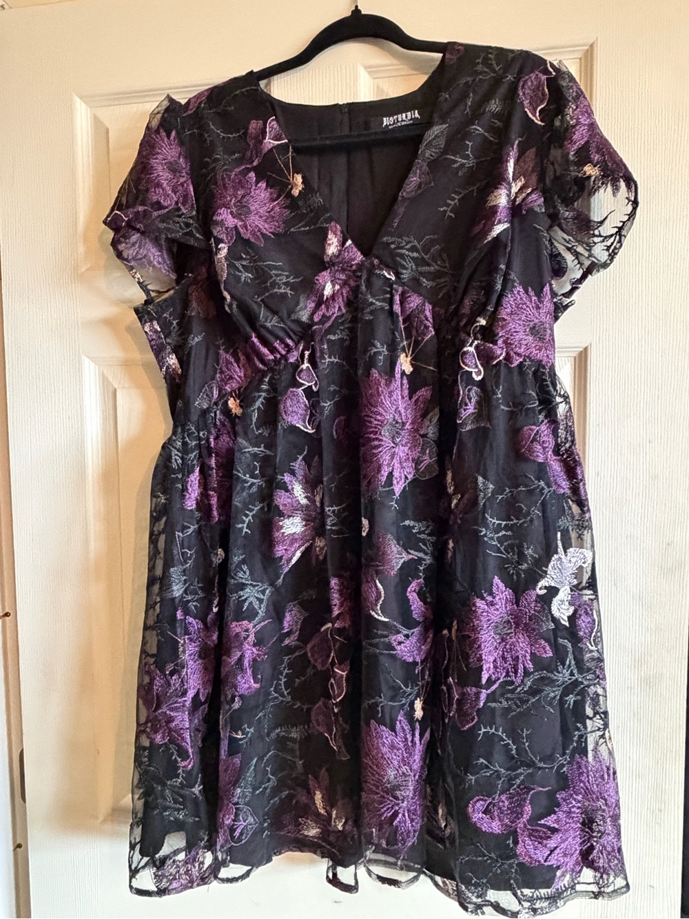 Disturbia Black Mini Dress with Purple Floral Embroidery